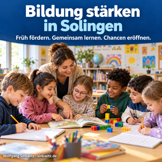 Grundschulkinder unterschiedlicher Herkunft lernen gemeinsam mit einer Lehrkraft. Schriftzug: Bildung stärken in Solingen.
