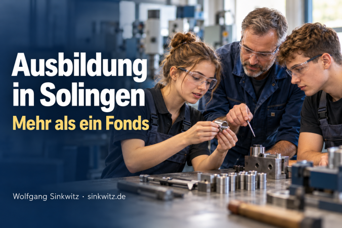 „Symbolbild: Zwei Auszubildende lernen mit einem Ausbilder in einer Metallwerkstatt. Aufschrift: Ausbildung in Solingen – Mehr als ein Fonds.“