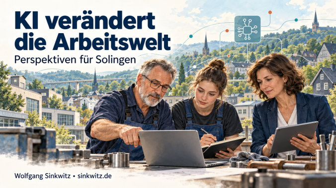 Illustration zur Arbeitswelt in Solingen: Drei Menschen lernen gemeinsam am Laptop in einer Werkstatt.